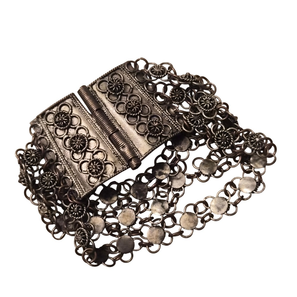 Vintage Silver Tone Filigree Panel Bracelet Multi Strand Floral Pin Clasp
